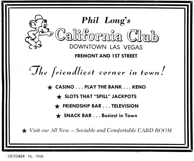 Phil Long's California Club advertisement 1958