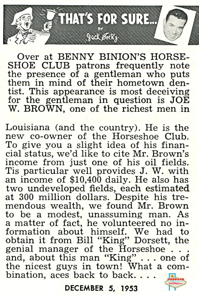 Article from 1953 mentioning Joe W. Brown as a co-owner/partner in Benny Binion’s Horseshoe.
