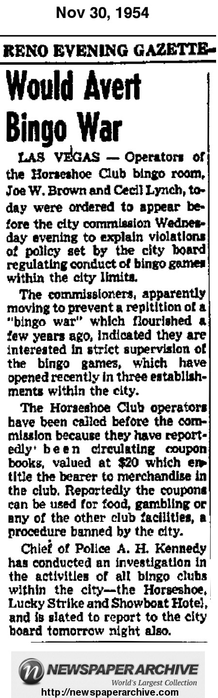 Article from 1954 mentioning Joe W. Brown and Cecil Lynch as “operators” of the Bingo Room at the Horseshoe Club.