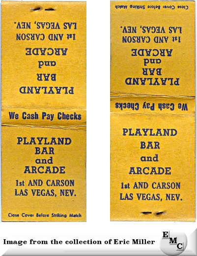 Playland Bar and Arcade Las Vegas matchcover from Eric Miller. 