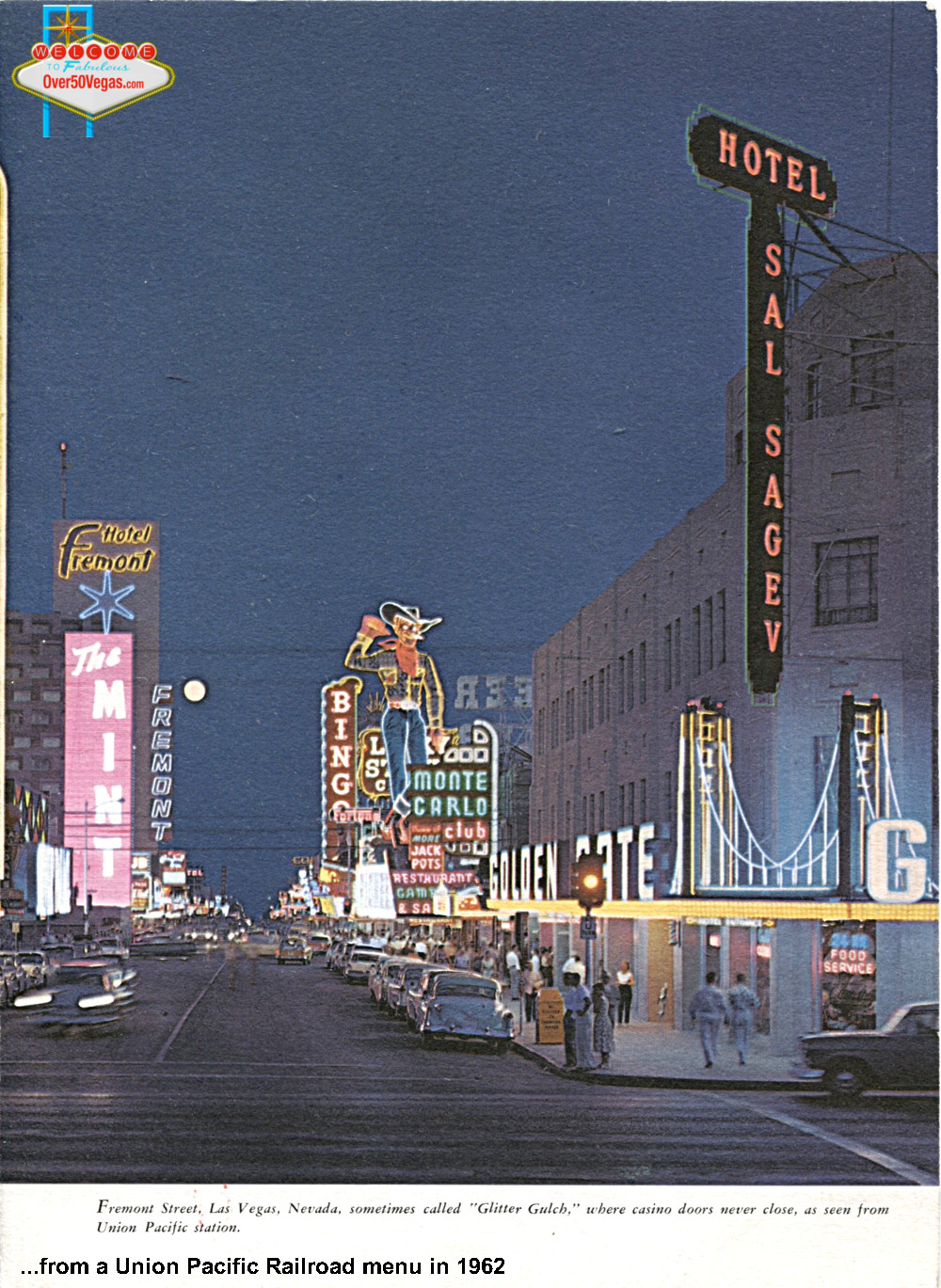 Union Pacific Railroad menu showing Fremont street in 1962
