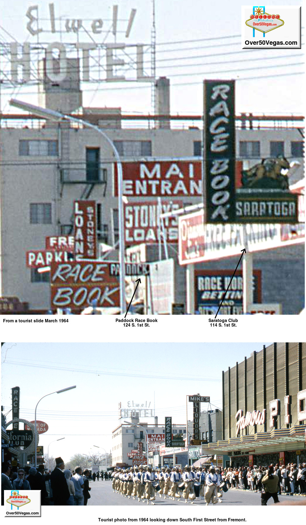 In this tourist photo from 1964 looking down South First Street from Fremont you can see the Hotel Elwell at 200 S. 1st, Mike’s Liquors,  Saratoga Club at 114 S. 1st St., the Paddock Race Book at 124 S. 1st, and the South First Street entrances for the California Club and the Famous Pioneer Club.  