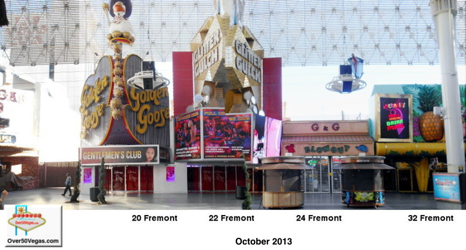  The half block of Fremont Street from 20 to 32 Fremont has been home to quite a few important and recognizable businesses in the past. The little alley between the Las Vegas Club and the Golden Goose sign is part of the original layout of Las Vegas as surveyed in 1905.