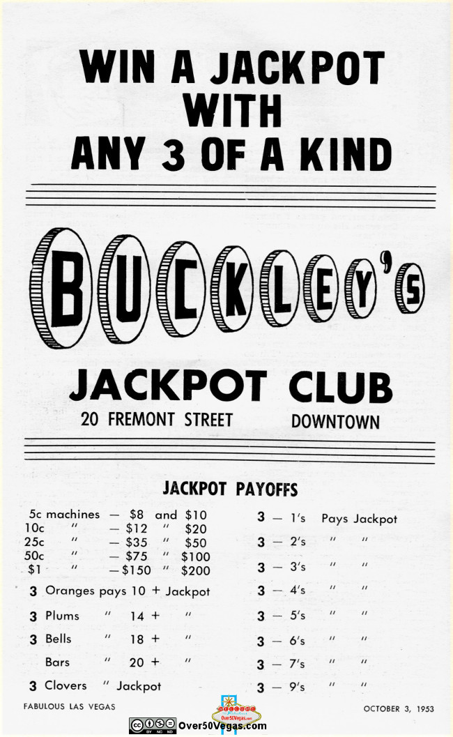 Buckley's Jackpot Club adv 1953  Las Vegas, NV