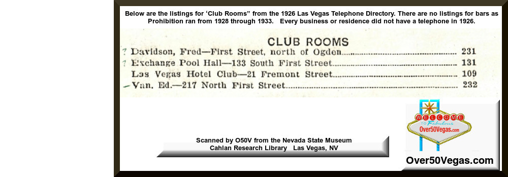 1926 Las Vegas Telephone listings for Clubs - Exchange Pool Hall, Las Vegas Hotel Club 