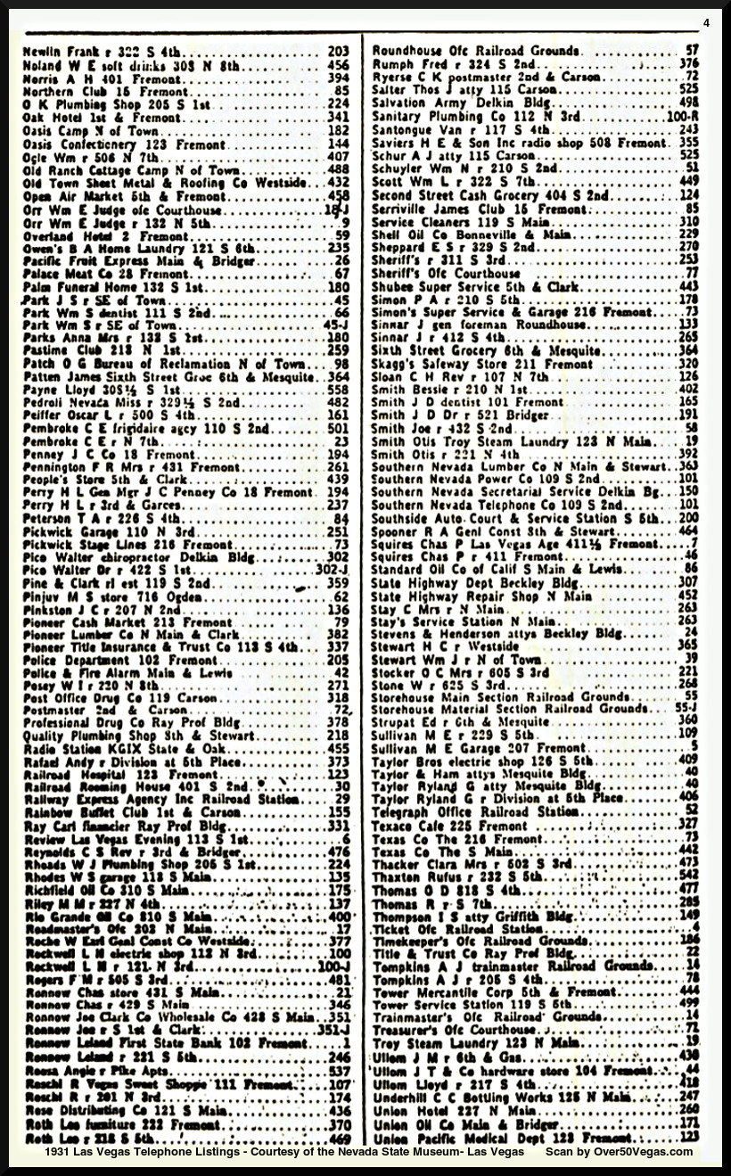 1931 Las Vegas Telephone Listings - Courtesy of the Nevada State Museum- Las Vegas      Scan by Over50Vegas.com