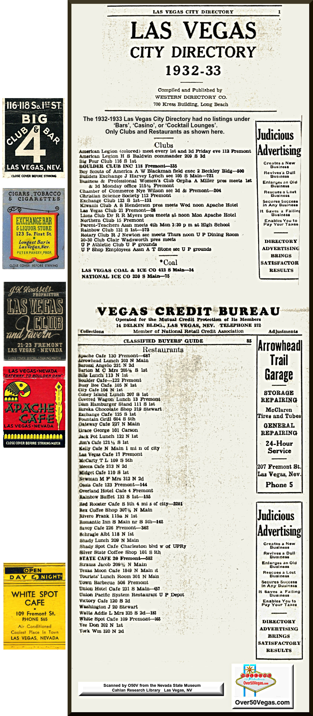 1932-1933 Las Vegas City Directory listings for Clubs 