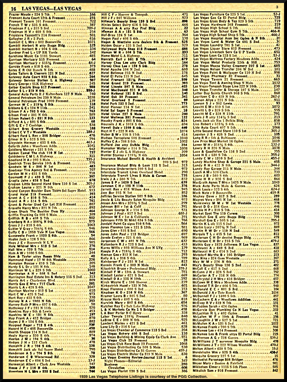 1939 Las Vegas Telephone Listings is courtesy of the PGG Collection.