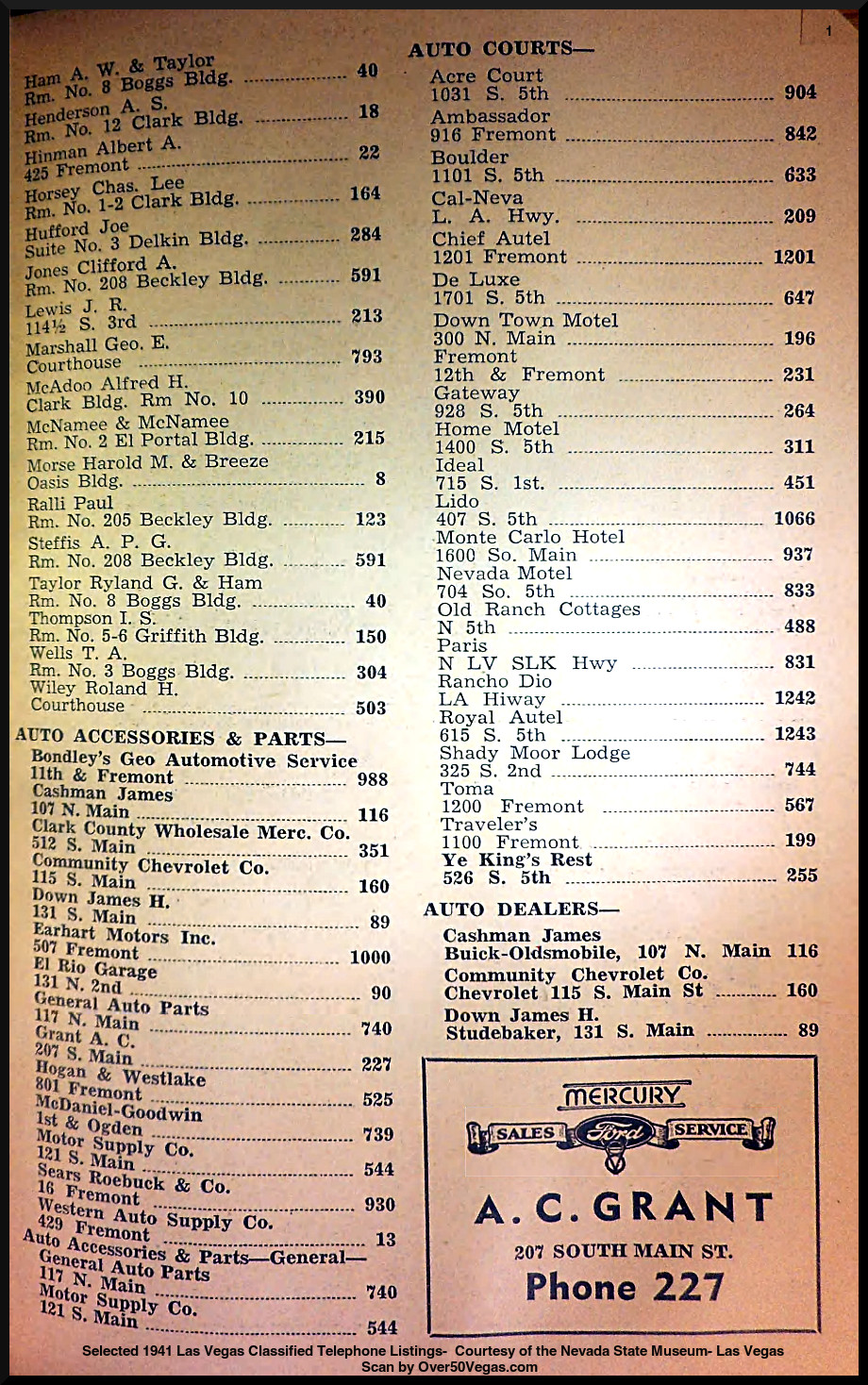 Selected 1941 Las Vegas Classified Telephone Listings-  Courtesy of the Nevada State Museum- Las Vegas         Scan by Over50Vegas.com