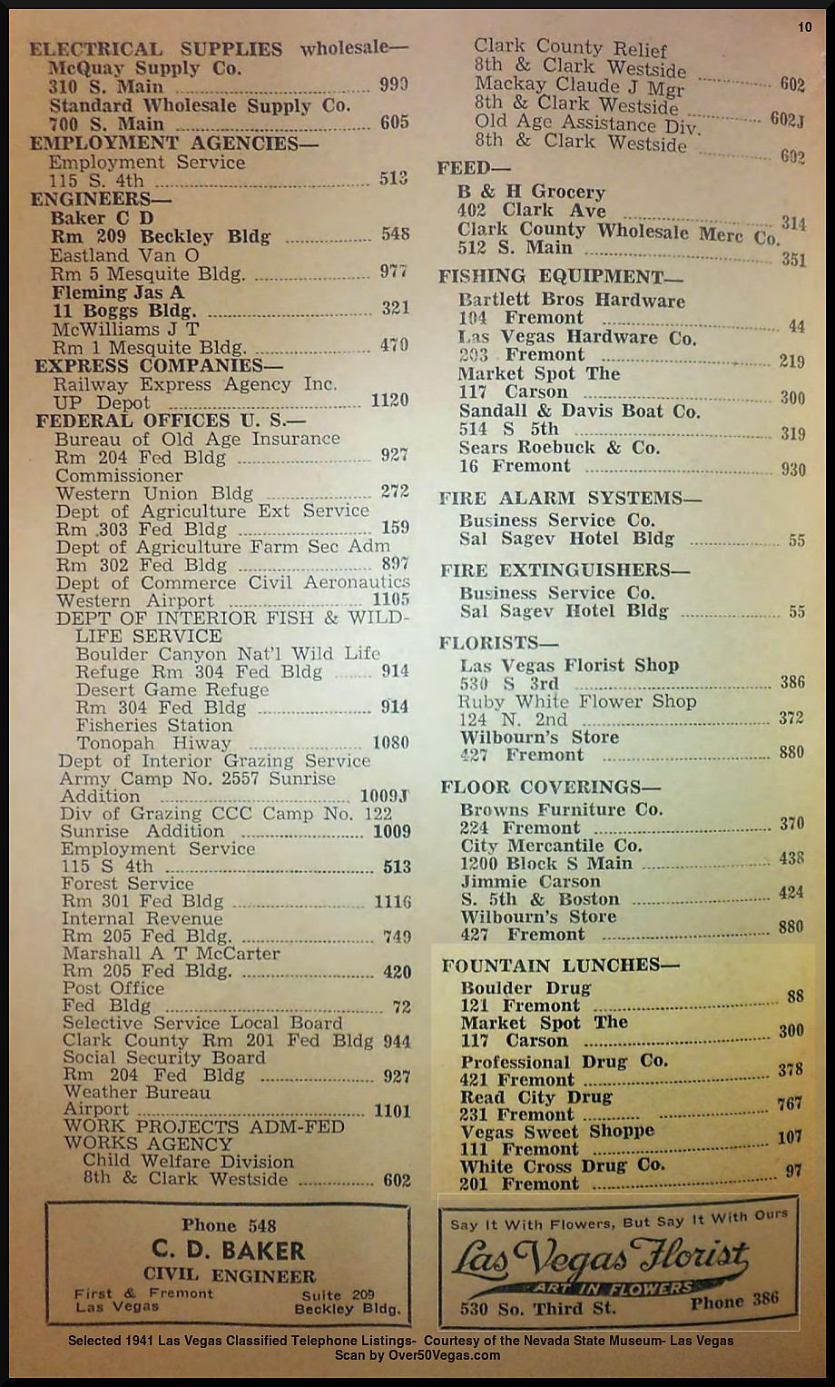 Selected 1941 Las Vegas Classified Telephone Listings-  Courtesy of the Nevada State Museum- Las Vegas         
Scan by Over50Vegas.com