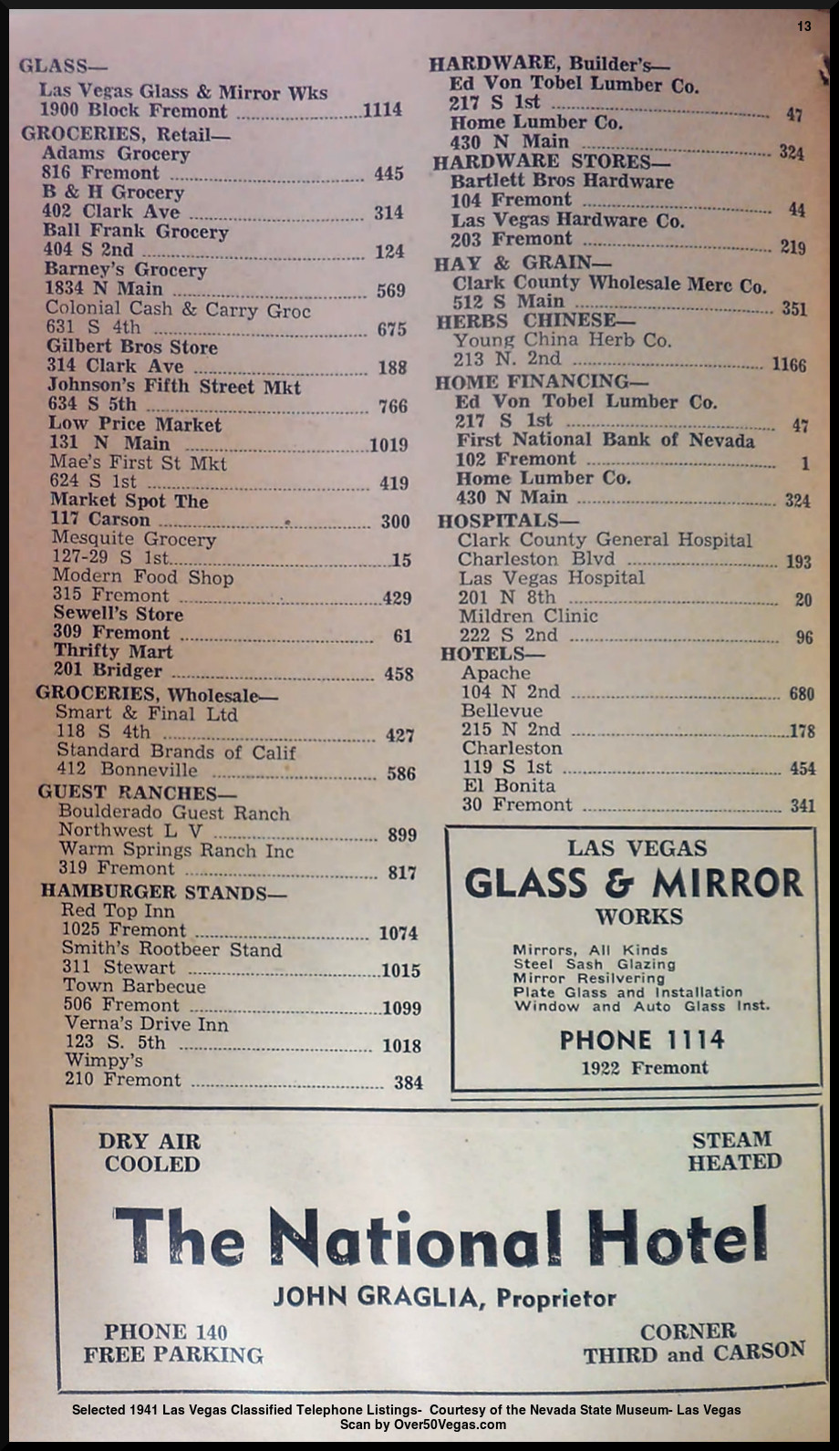 Selected 1941 Las Vegas Classified Telephone Listings-  Courtesy of the Nevada State Museum- Las Vegas         
Scan by Over50Vegas.com