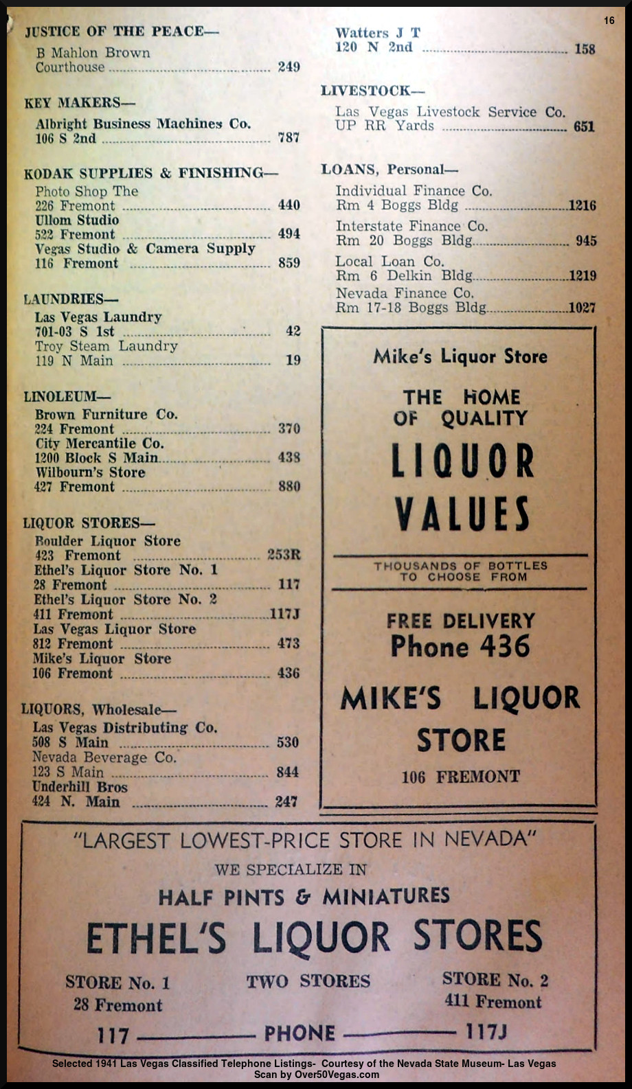 Selected 1941 Las Vegas Classified Telephone Listings-  Courtesy of the Nevada State Museum- Las Vegas         
Scan by Over50Vegas.com