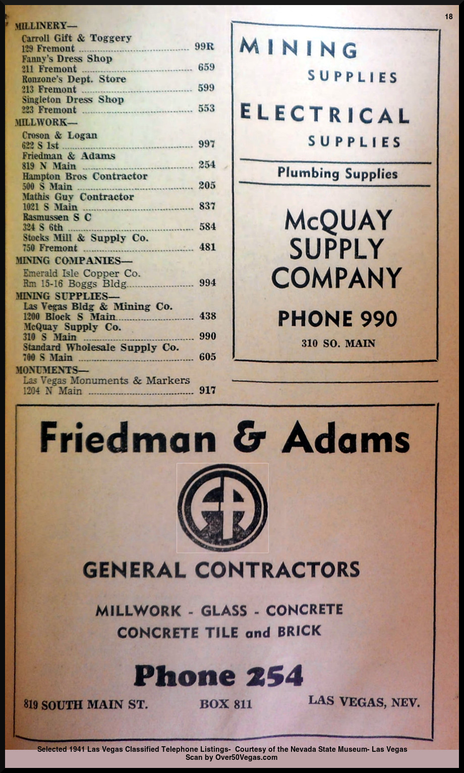 Selected 1941 Las Vegas Classified Telephone Listings-  Courtesy of the Nevada State Museum- Las Vegas         
Scan by Over50Vegas.com