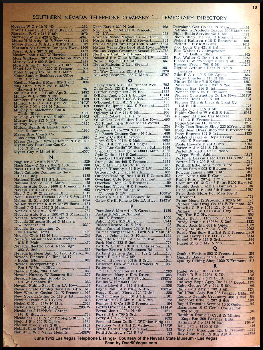 June 1942 Las Vegas Telephone Listings-10  Courtesy of the Nevada State Museum - Las Vegas         
Scan by Over50Vegas.com