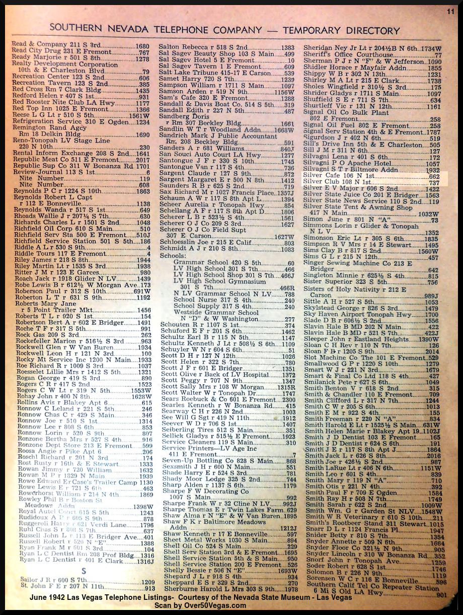 June 1942 Las Vegas Telephone Listings-11  Courtesy of the Nevada State Museum - Las Vegas         
Scan by Over50Vegas.com
