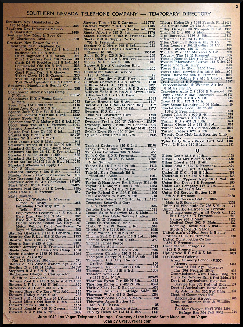 June 1942 Las Vegas Telephone Listings-12  Courtesy of the Nevada State Museum - Las Vegas         
Scan by Over50Vegas.com