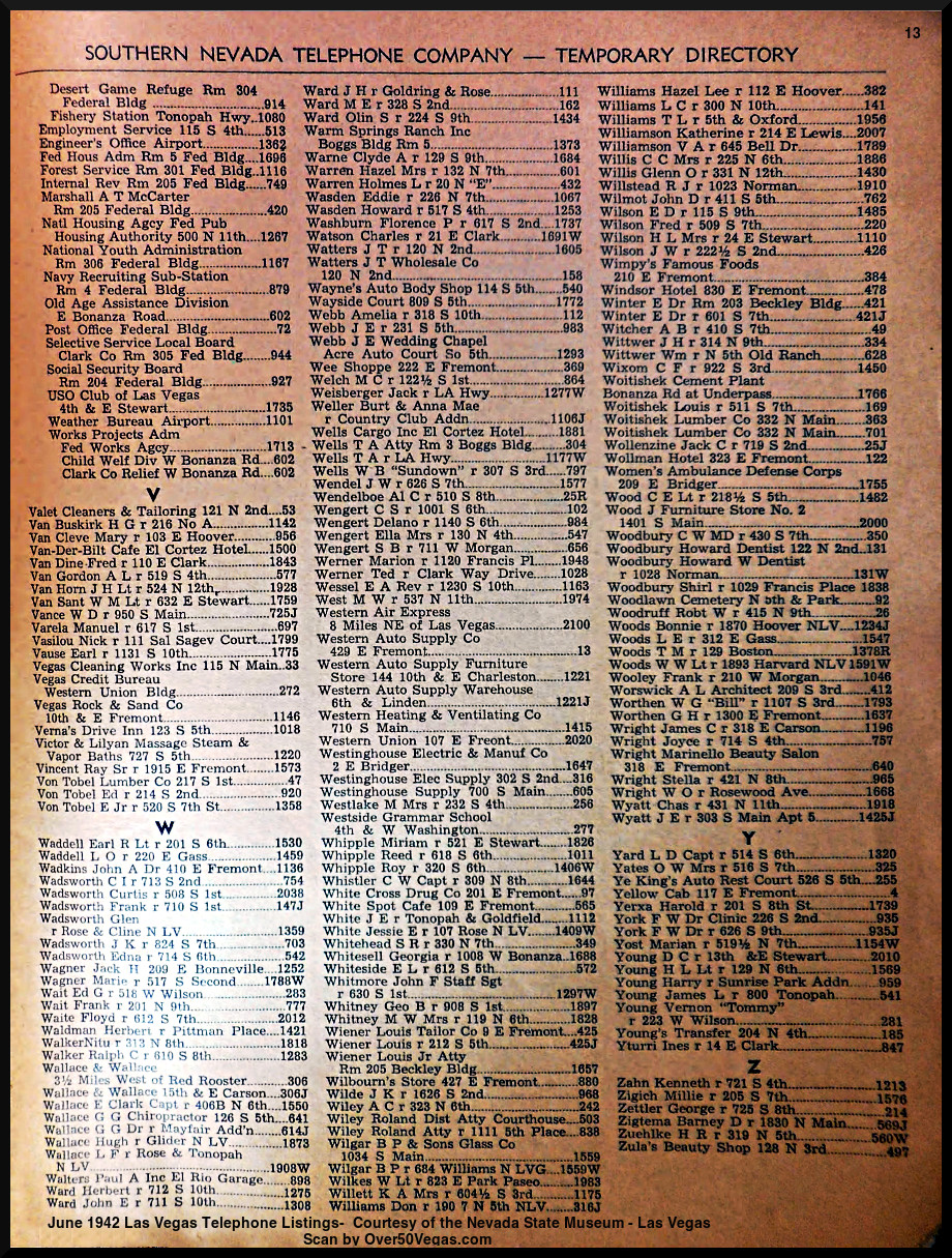June 1942 Las Vegas Telephone Listings-13  Courtesy of the Nevada State Museum - Las Vegas         
Scan by Over50Vegas.com