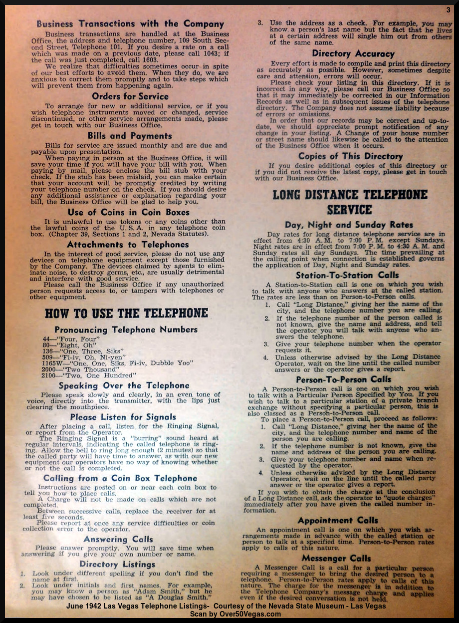 June 1942 Las Vegas Telephone Listings-3  Courtesy of the Nevada State Museum - Las Vegas         
Scan by Over50Vegas.com