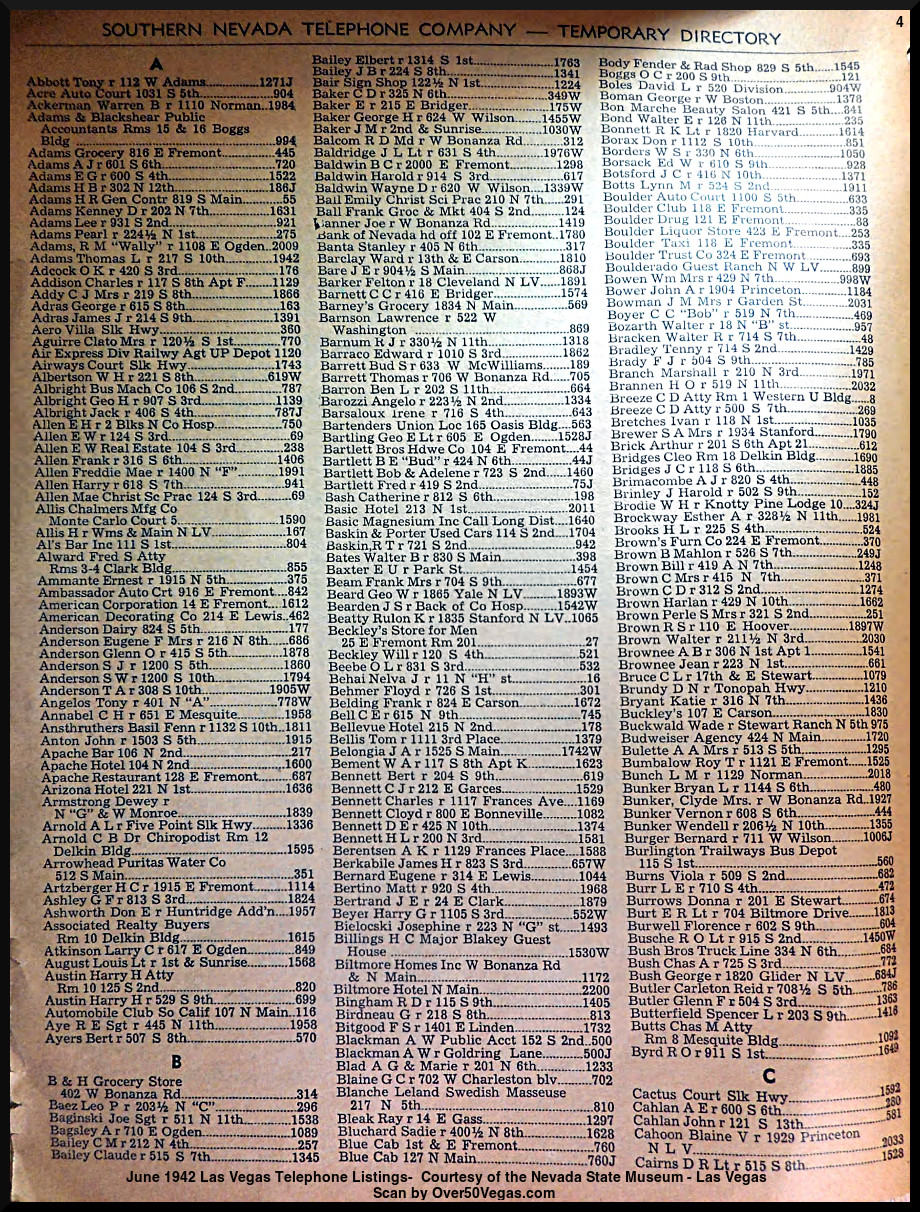 June 1942 Las Vegas Telephone Listings-4  Courtesy of the Nevada State Museum - Las Vegas         
Scan by Over50Vegas.com