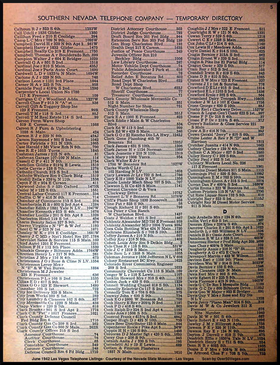 June 1942 Las Vegas Telephone Listings-5  Courtesy of the Nevada State Museum - Las Vegas         
Scan by Over50Vegas.com