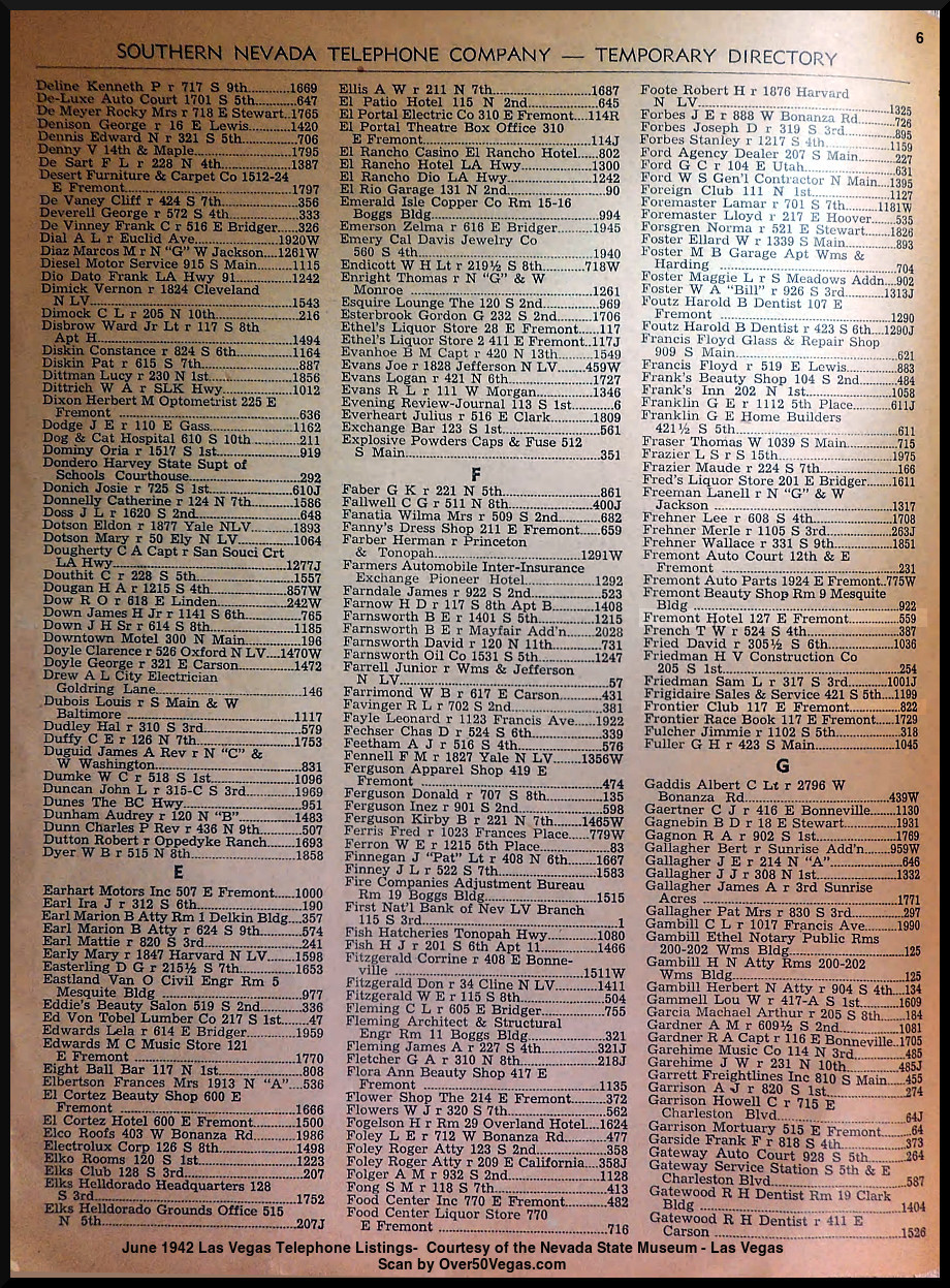 June 1942 Las Vegas Telephone Listings-6  Courtesy of the Nevada State Museum - Las Vegas         
Scan by Over50Vegas.com