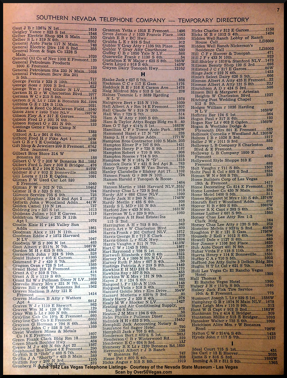 June 1942 Las Vegas Telephone Listings-7  Courtesy of the Nevada State Museum - Las Vegas         
Scan by Over50Vegas.com