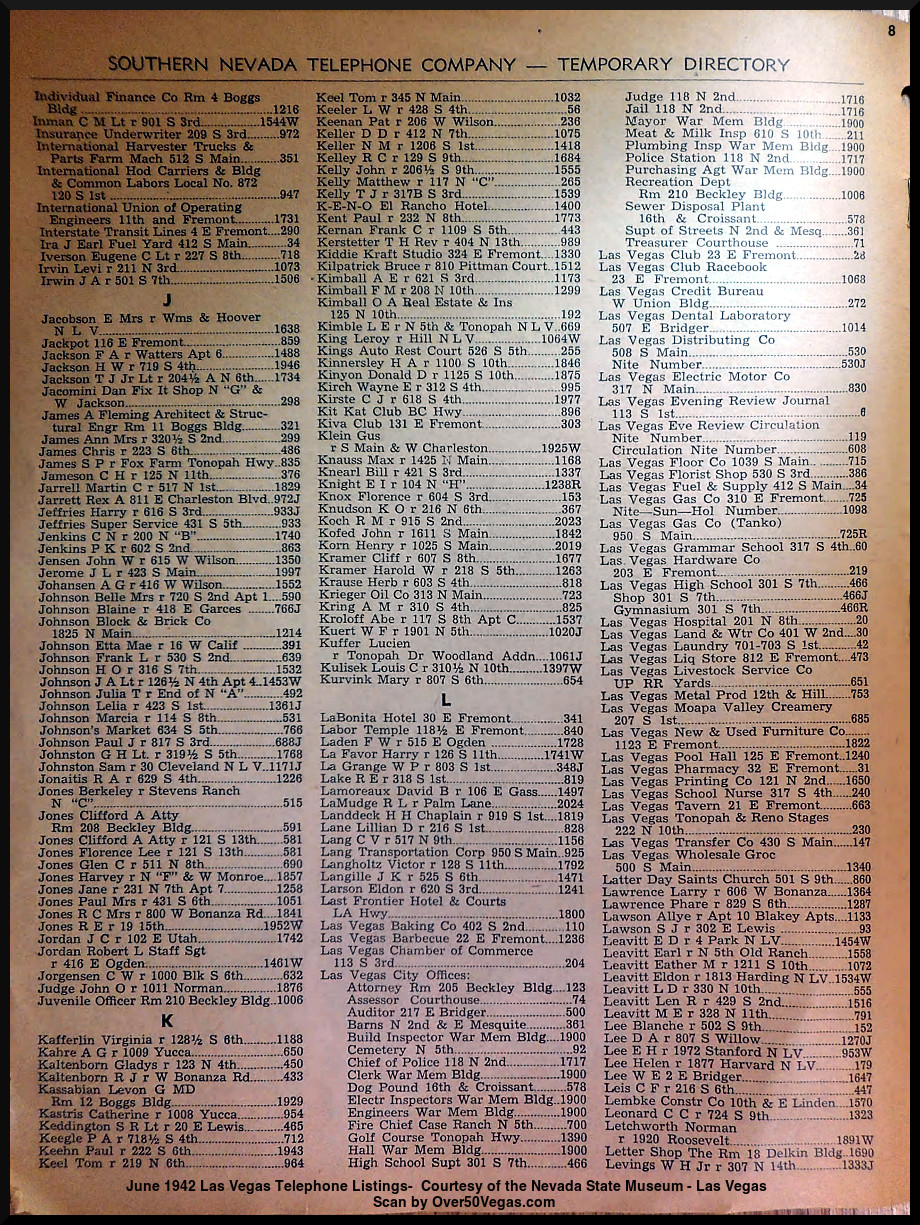 June 1942 Las Vegas Telephone Listings-8  Courtesy of the Nevada State Museum - Las Vegas         
Scan by Over50Vegas.com