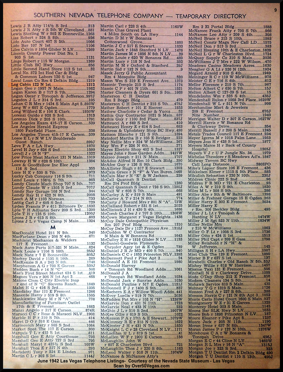 June 1942 Las Vegas Telephone Listings-9  Courtesy of the Nevada State Museum - Las Vegas         
Scan by Over50Vegas.com