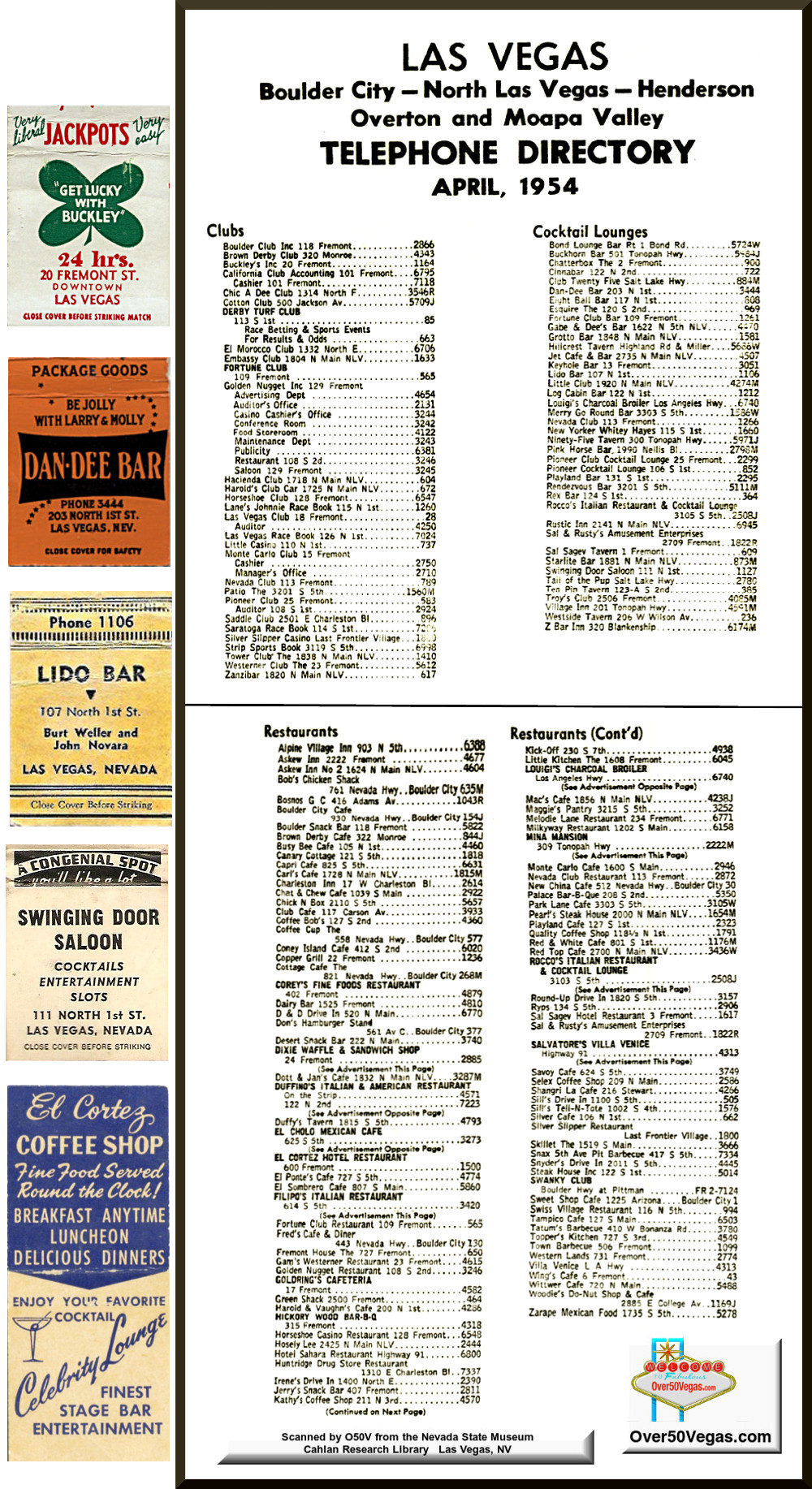 1954 Las Vegas Telephone listings for Clubs 