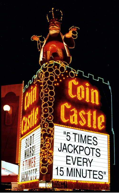 The glittering lights of the Coin Castle Casino on Fremont Street in downtown Las Vegas in the 1970's.