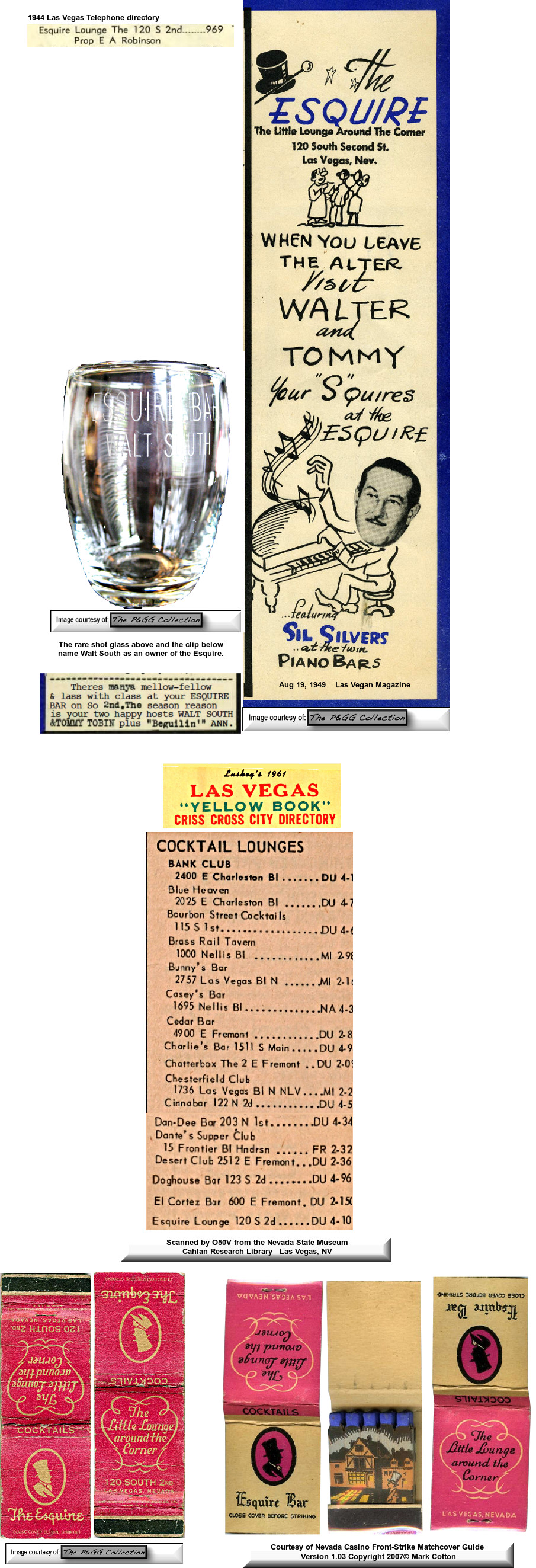 Shot glass and matchbook from the Esquire Club, PGG Collection,  Mark Cotton, Nevada Casino Front-Strile Matchcover Guide 2007