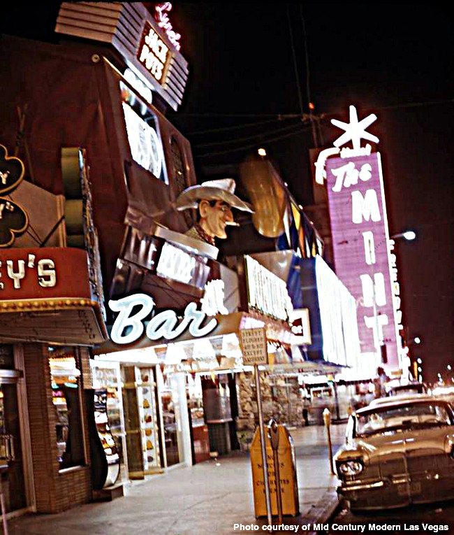 Cecil Lynch's Fortune Club from the side looking down Fremont Street toward the Mint Tower taken ca. 1960.  Photo courtesy of Mid Century Modern Las Vegas 