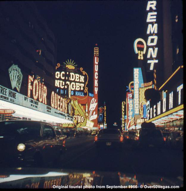 Sept 1966- Four Queens, Lucky Casino, Fremont Hotel, Binion’s Horseshoe at night. 