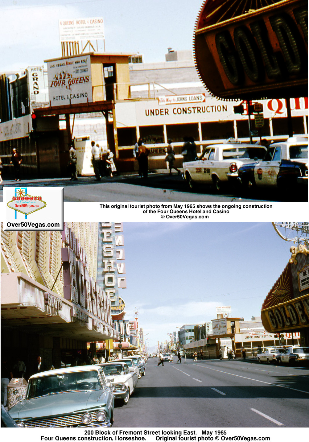 This original tourist photo from May 1965 shows the ongoing construction of the Four Queens Hotel and Casino  © Over50Vegas.com    