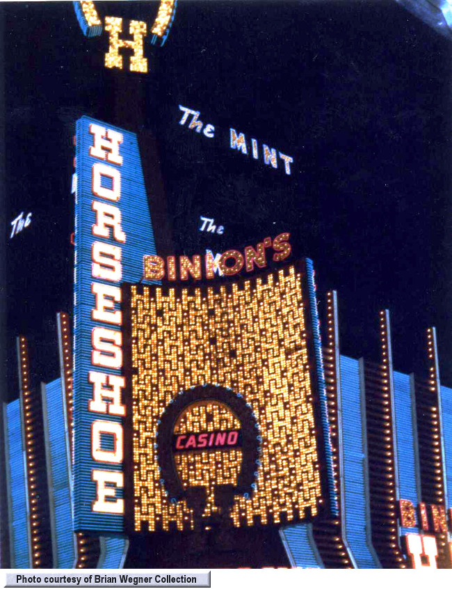 Night shot of Binion's Horseshoe showing the Mint Tower by Brian Wegner