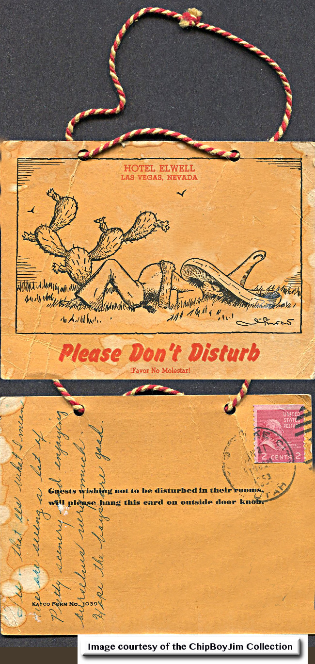 Hotel Elwell Las Vegas “Do Not Disturb” door hanger and a postcard all in one! 