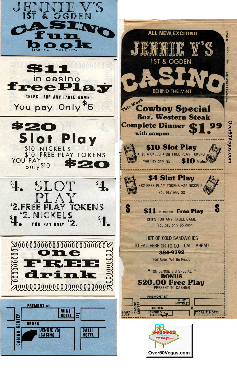 A rare coupon fun book from Jenny V's with a "Starting May 1, 1976". Also a newspaper ad published in the short-lived Las Vegas Panorama on May 21, 1976,that shows that they had a restaurant there also.