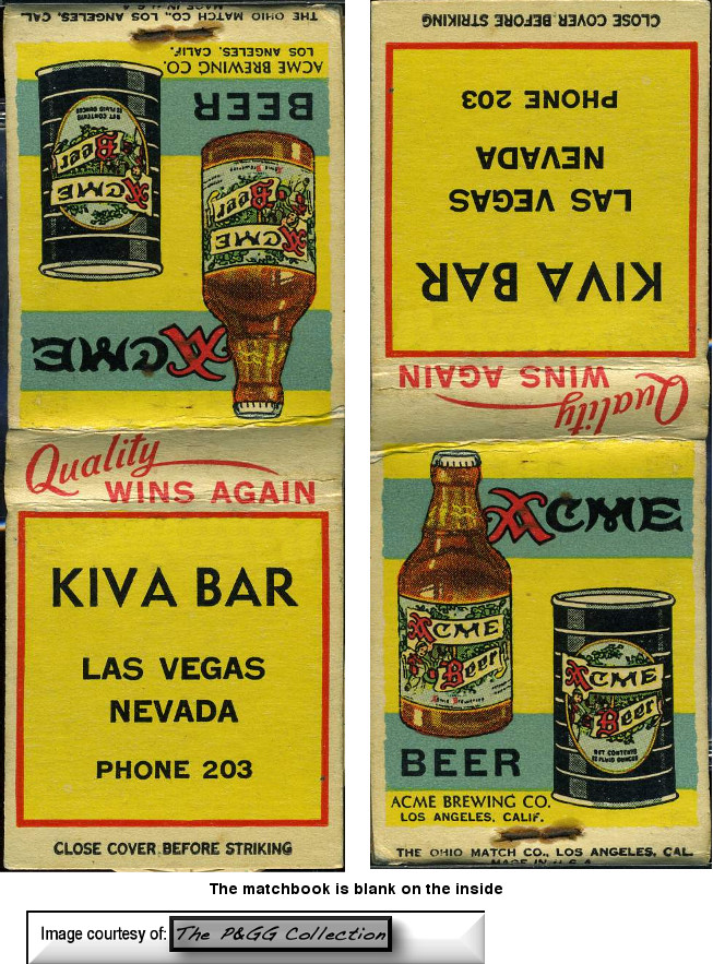 Thanks to the generosity of the PGG Collection we see a very rare Kiva Bar matchbook featuring Acme Beer!