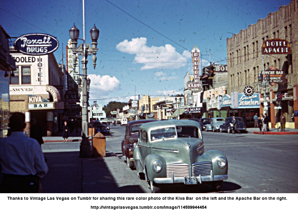 Thanks to Vintage Las Vegas on Tumblr for sharing this rare color photo of the Kiva Bar  on the left and the Apache Bar on the right.  