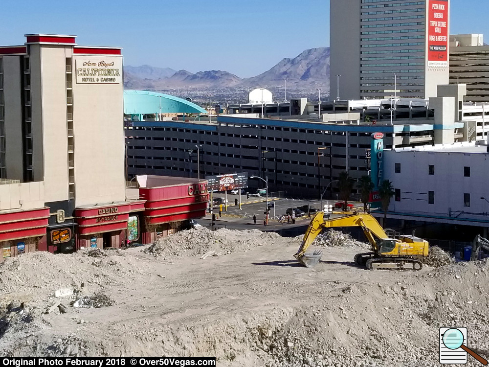 Corner of Fremont and North 1st. The Las Vegas Club block is nearly cleared off and behind it is the historic Block 16.  The casinos and businesses there were cleared away years ago.  Click to enlarge and see more detail.