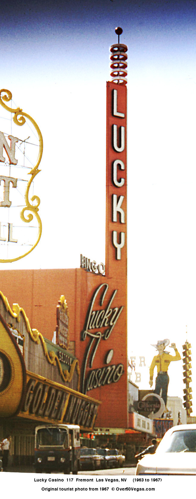 When the Lucky Casino sign  was erected by the Young Electric Sign company in 1963 it weighed in at 60 tons, had three miles of neon tubing, and more than 11,000 lamps.