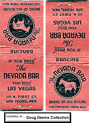 Matchcover from the Nevada Bar at 115 N. 1st in downtown Las Vegas