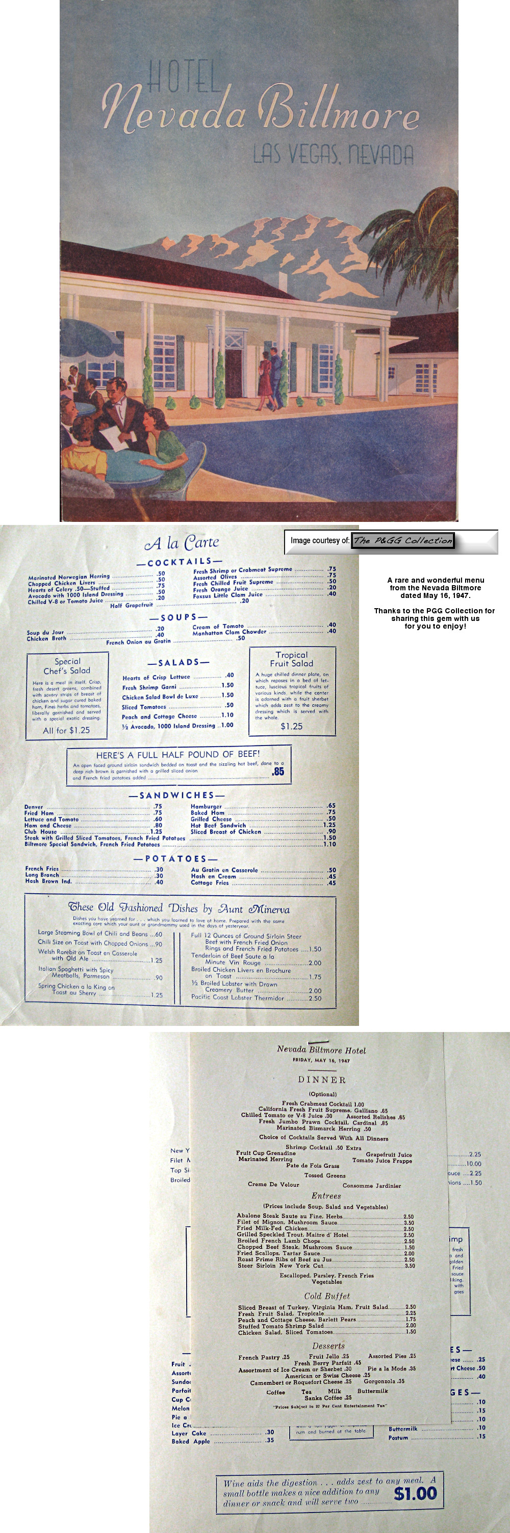 A rare and wonderful menu
from the Nevada Biltmore
dated May 16, 1947 from the PGG Collection.