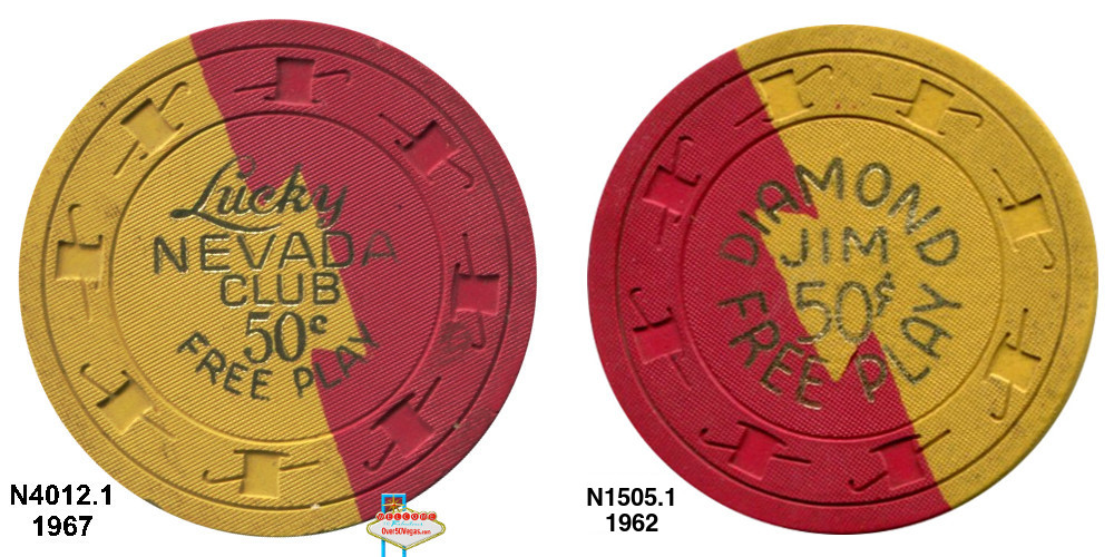 Similarity in the 50 cent free play chips of Diamond Jim's Nevada Club and the newer Lucky Nevada Club.
