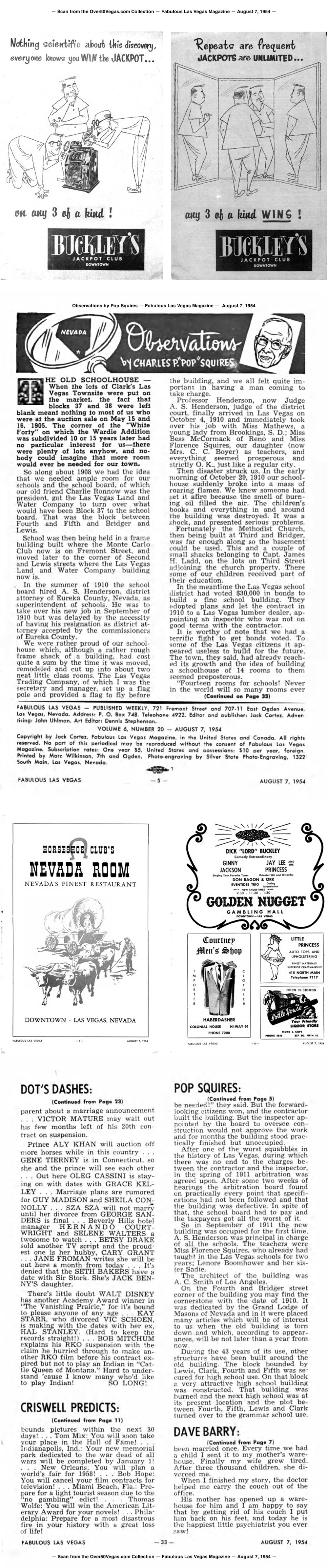 Observations by Pop Squires — Fabulous Las Vegas Magazine —  August 7, 1954