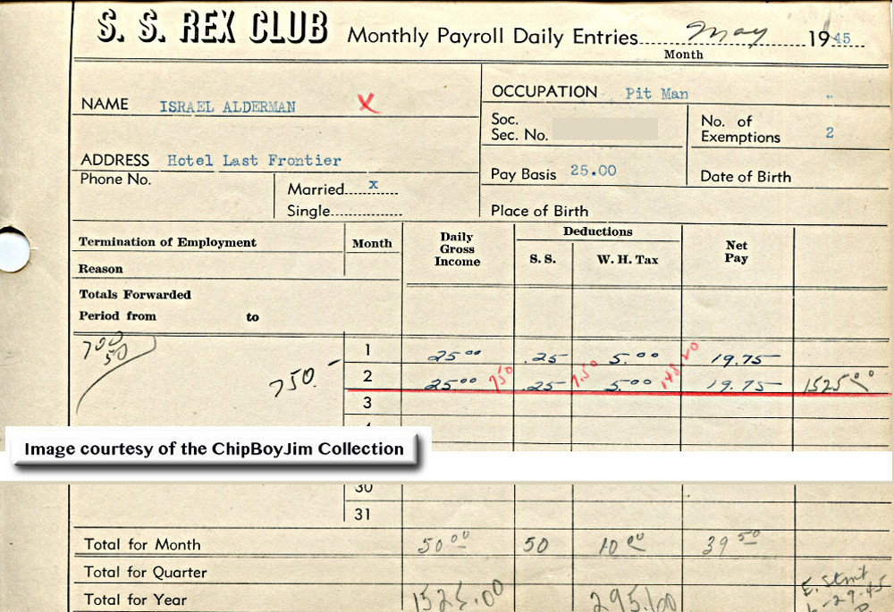 payroll record from the S.S. Rex Club from May of 1945. 