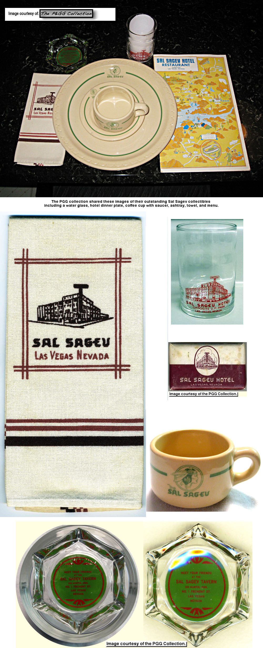 The PGG collection shared these images of their outstanding Sal Sagev collectibles including a water glass, hotel dinner plate, coffee cup with saucer, ashtray, towel, and menu.