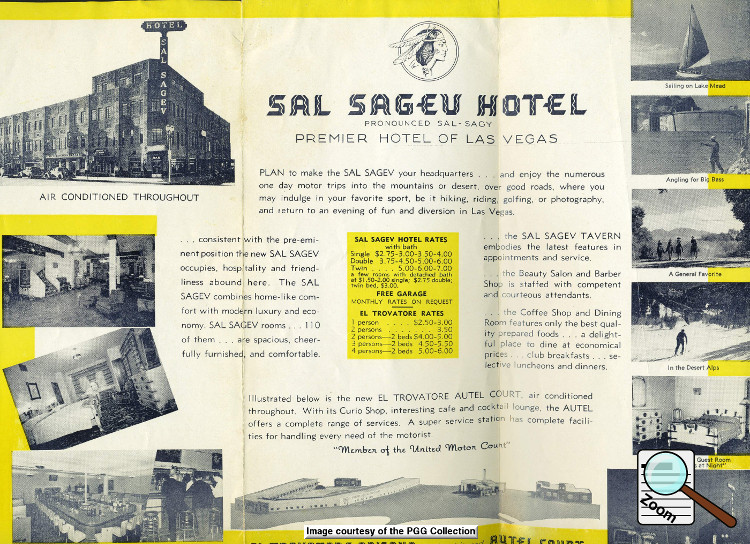 Both sides of a great travel brochure of the Las Vegas area courtesy of the Sal Sagev and the El Trovatore.   Click images to read a larger image.