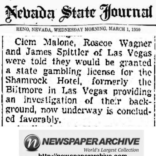 March 1, 1950:
Clem Malone, Roscoe Wagner, and James Spitler apply for a gaming license for the Shamrock Hotel. 