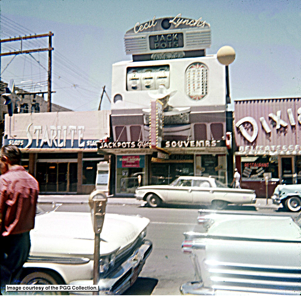 An original tourist slide from the PGG Collection shows Starlight Sales at 20 E. Fremont next to Cecil Lynch’s Fortune Club and part of the Dixie Delicatessen.